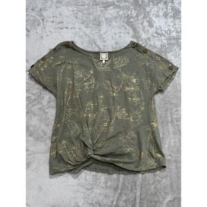 Tru Self Blouse Womens Size Large Green Gold Print Short Sleeve Bow Waist EUC